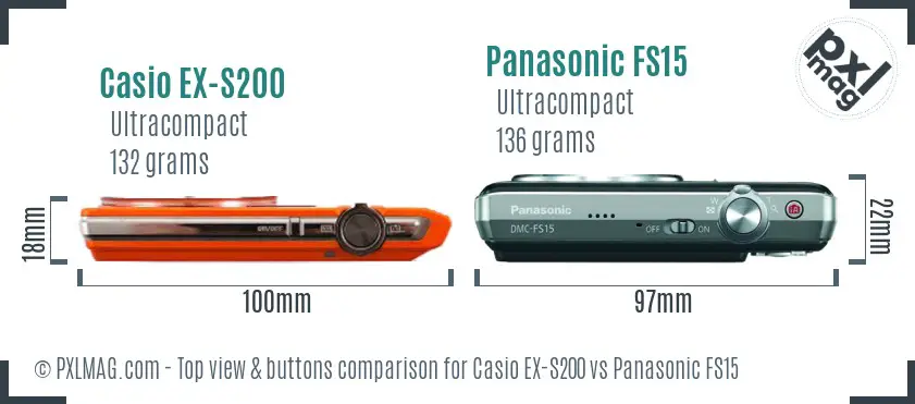 Casio EX-S200 vs Panasonic FS15 top view buttons comparison