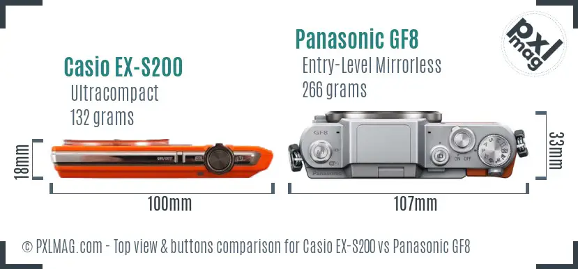 Casio EX-S200 vs Panasonic GF8 top view buttons comparison