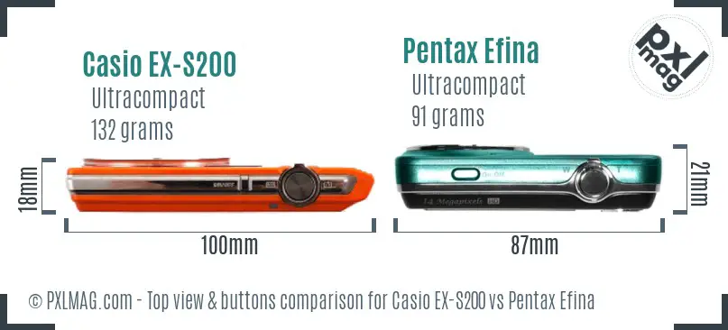 Casio EX-S200 vs Pentax Efina top view buttons comparison