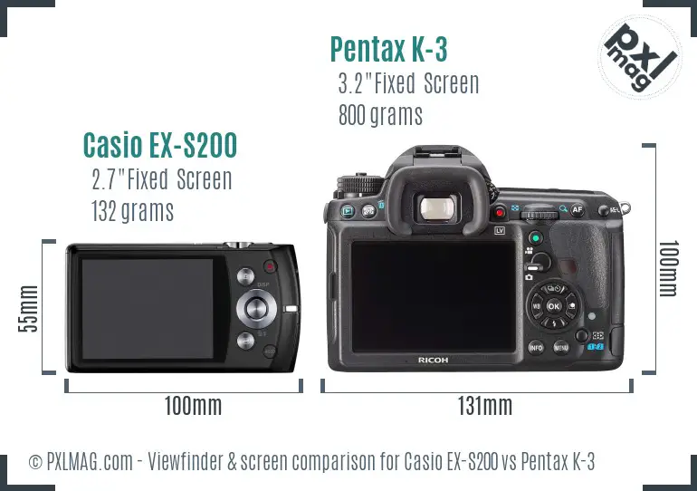 Casio EX-S200 vs Pentax K-3 Screen and Viewfinder comparison