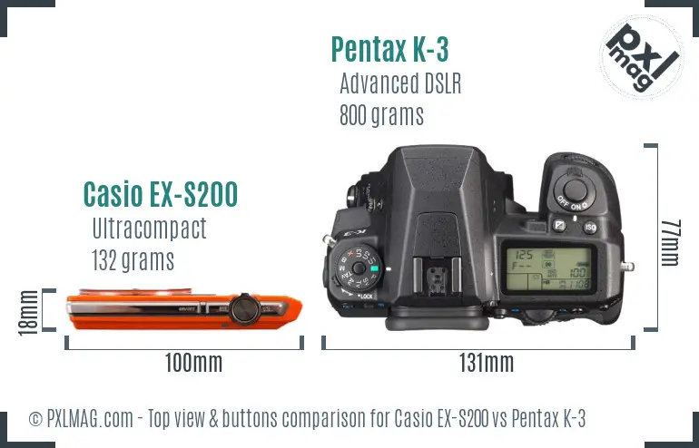 Casio EX-S200 vs Pentax K-3 top view buttons comparison