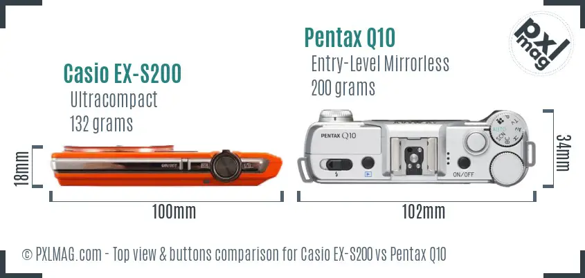 Casio EX-S200 vs Pentax Q10 top view buttons comparison