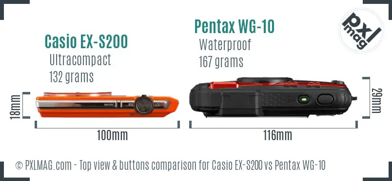 Casio EX-S200 vs Pentax WG-10 top view buttons comparison