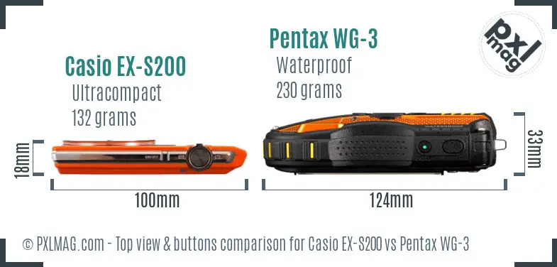 Casio EX-S200 vs Pentax WG-3 top view buttons comparison