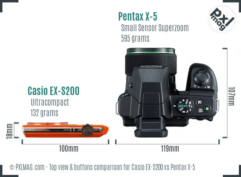 Casio EX-S200 vs Pentax X-5 top view buttons comparison