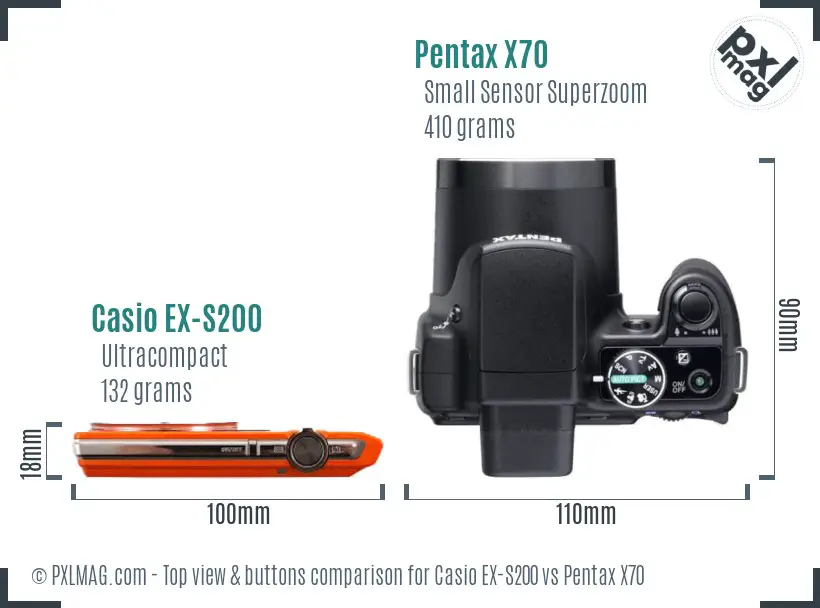 Casio EX-S200 vs Pentax X70 top view buttons comparison