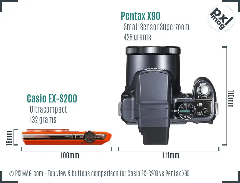 Casio EX-S200 vs Pentax X90 top view buttons comparison