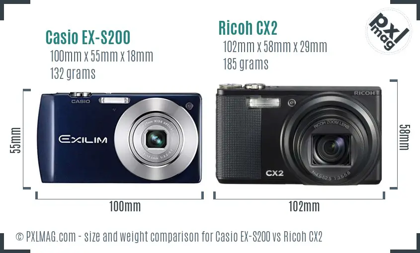 Casio EX-S200 vs Ricoh CX2 size comparison