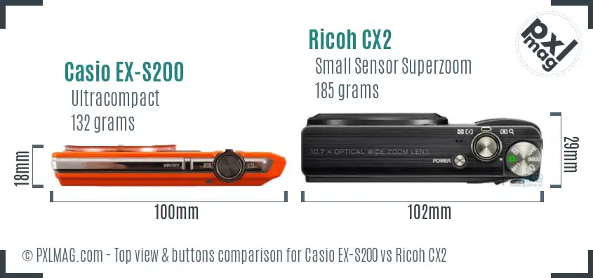 Casio EX-S200 vs Ricoh CX2 top view buttons comparison