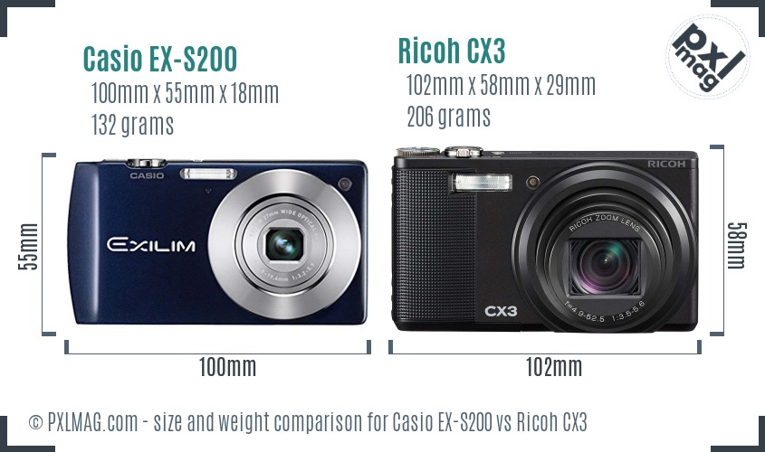 Casio EX-S200 vs Ricoh CX3 size comparison