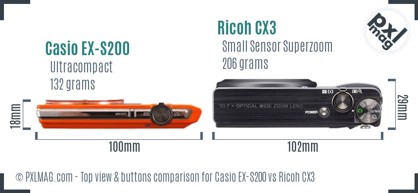 Casio EX-S200 vs Ricoh CX3 top view buttons comparison