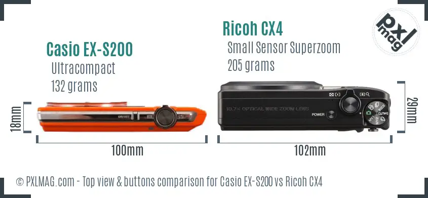 Casio EX-S200 vs Ricoh CX4 top view buttons comparison