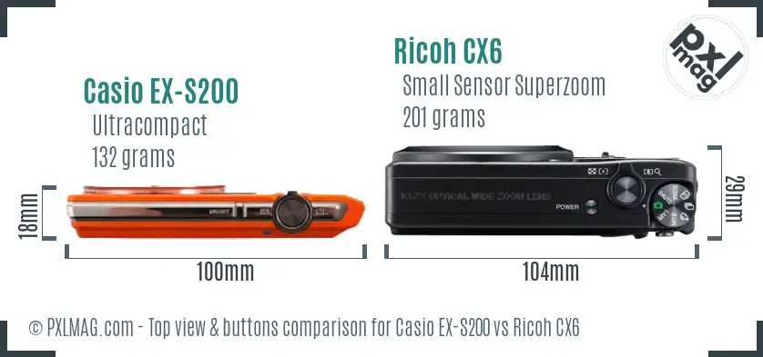 Casio EX-S200 vs Ricoh CX6 top view buttons comparison