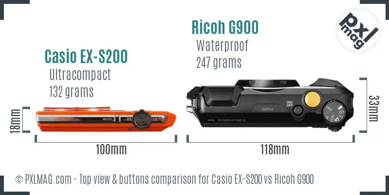 Casio EX-S200 vs Ricoh G900 top view buttons comparison