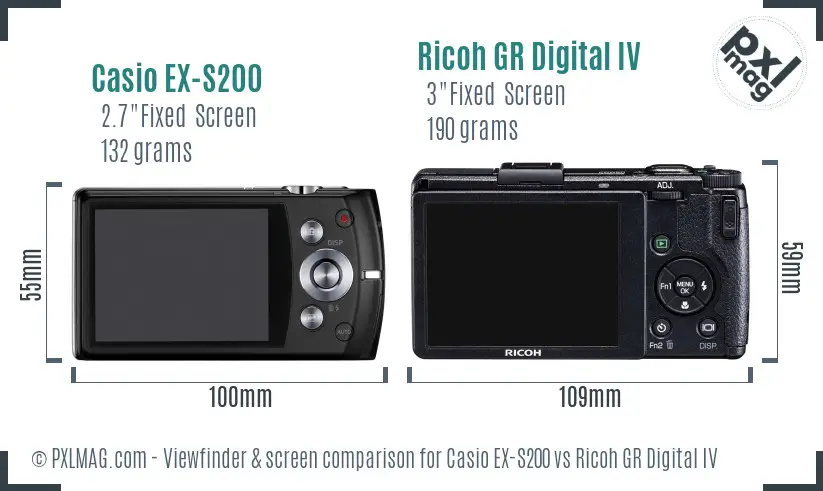 Casio EX-S200 vs Ricoh GR Digital IV Screen and Viewfinder comparison