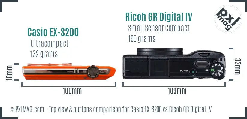 Casio EX-S200 vs Ricoh GR Digital IV top view buttons comparison