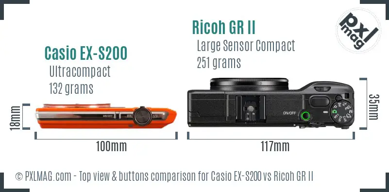 Casio EX-S200 vs Ricoh GR II top view buttons comparison