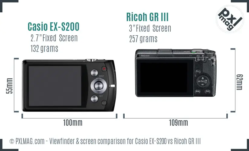 Casio EX-S200 vs Ricoh GR III Screen and Viewfinder comparison