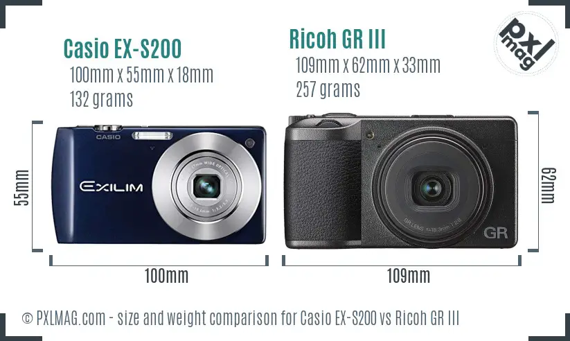 Casio EX-S200 vs Ricoh GR III size comparison
