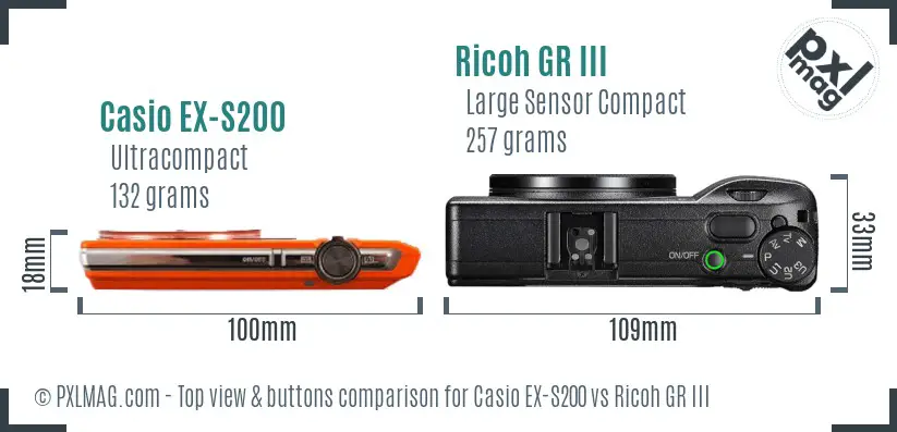 Casio EX-S200 vs Ricoh GR III top view buttons comparison
