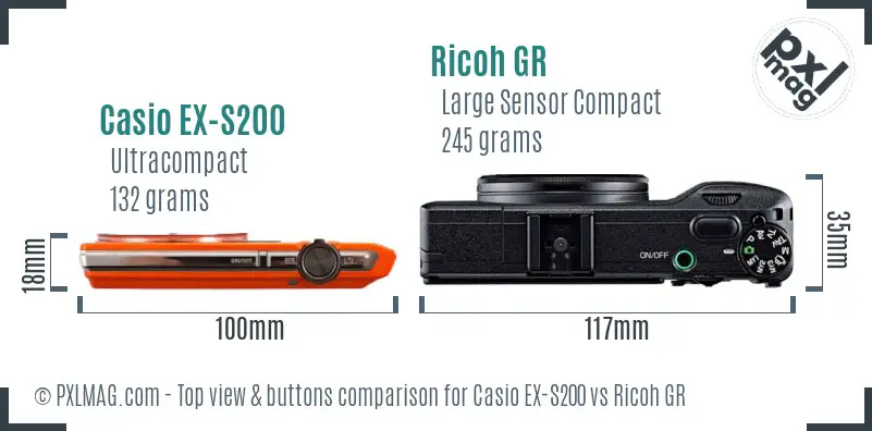 Casio EX-S200 vs Ricoh GR top view buttons comparison