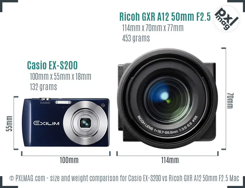 Casio EX-S200 vs Ricoh GXR A12 50mm F2.5 Macro size comparison