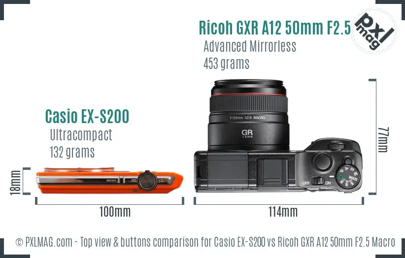Casio EX-S200 vs Ricoh GXR A12 50mm F2.5 Macro top view buttons comparison