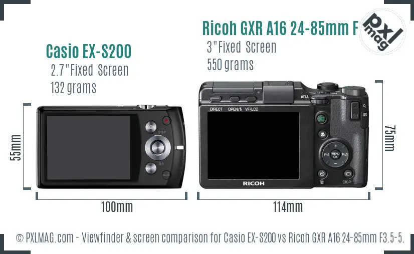 Casio EX-S200 vs Ricoh GXR A16 24-85mm F3.5-5.5 Screen and Viewfinder comparison