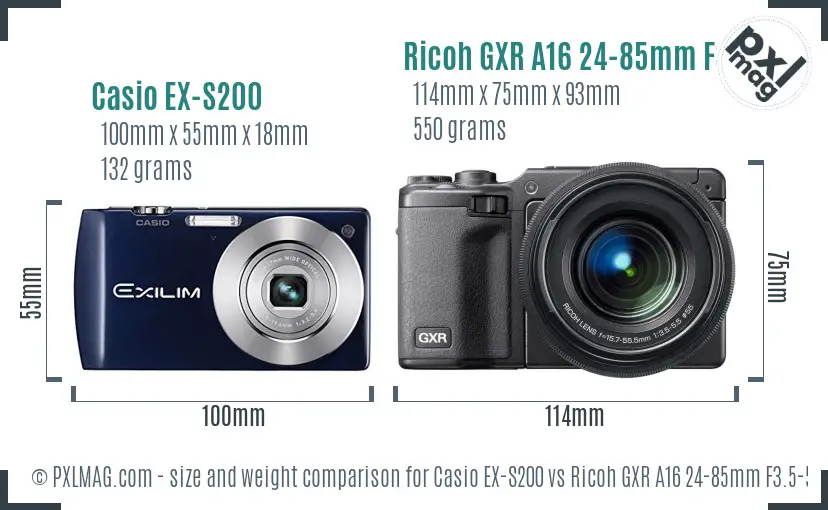 Casio EX-S200 vs Ricoh GXR A16 24-85mm F3.5-5.5 size comparison