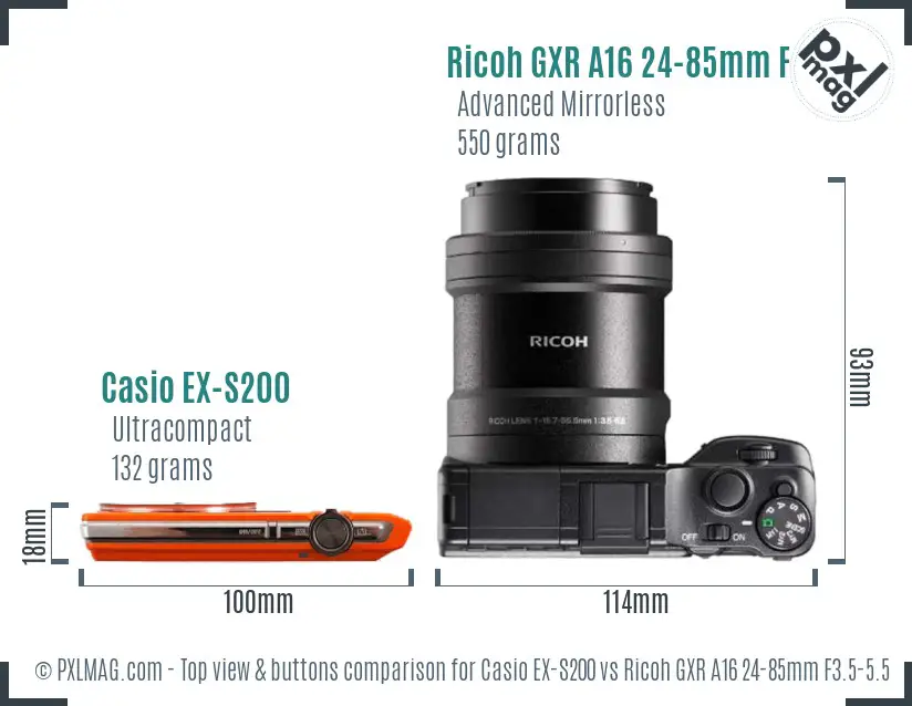 Casio EX-S200 vs Ricoh GXR A16 24-85mm F3.5-5.5 top view buttons comparison