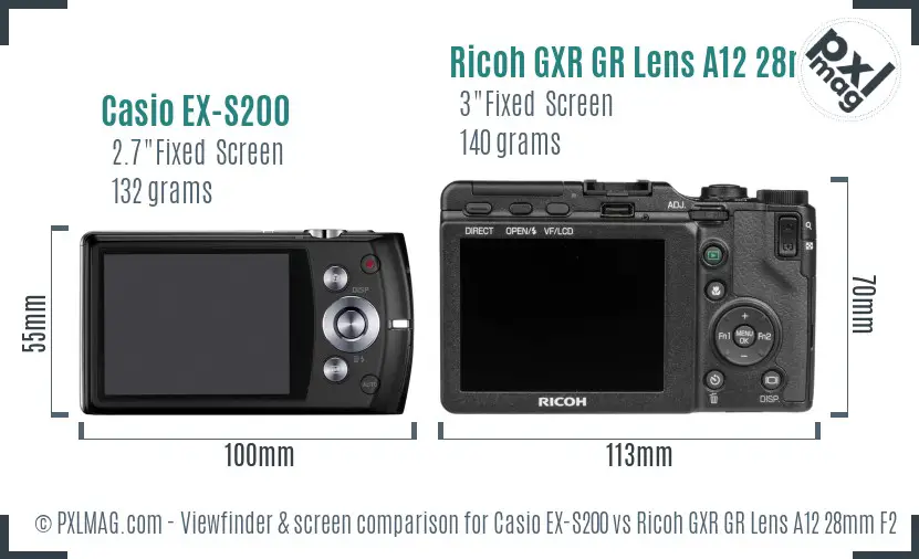 Casio EX-S200 vs Ricoh GXR GR Lens A12 28mm F2.5 Screen and Viewfinder comparison