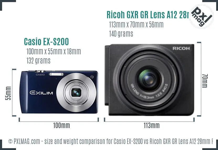 Casio EX-S200 vs Ricoh GXR GR Lens A12 28mm F2.5 size comparison
