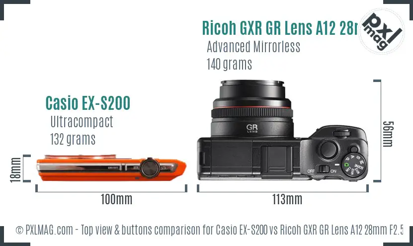 Casio EX-S200 vs Ricoh GXR GR Lens A12 28mm F2.5 top view buttons comparison