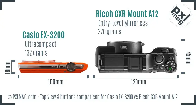 Casio EX-S200 vs Ricoh GXR Mount A12 top view buttons comparison