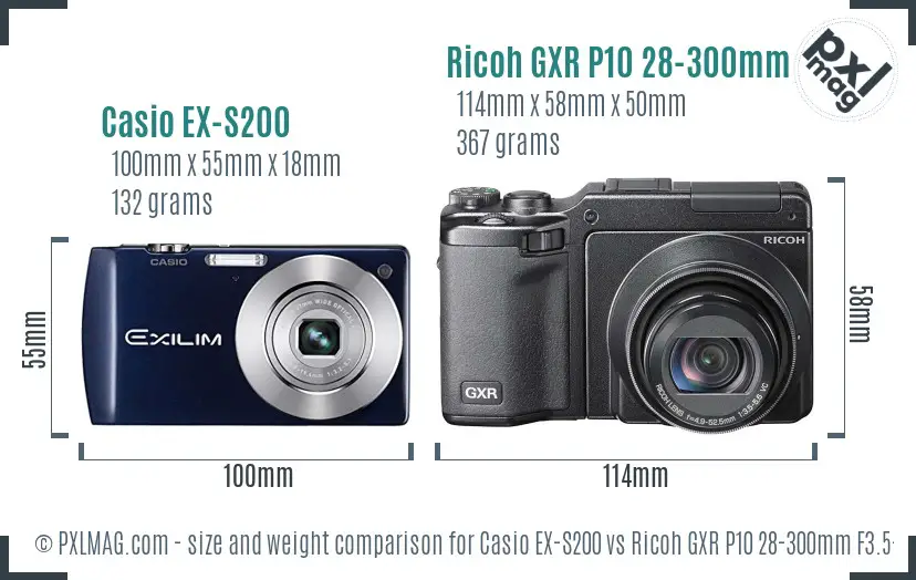 Casio EX-S200 vs Ricoh GXR P10 28-300mm F3.5-5.6 VC size comparison