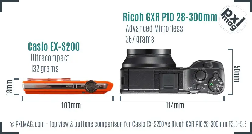 Casio EX-S200 vs Ricoh GXR P10 28-300mm F3.5-5.6 VC top view buttons comparison