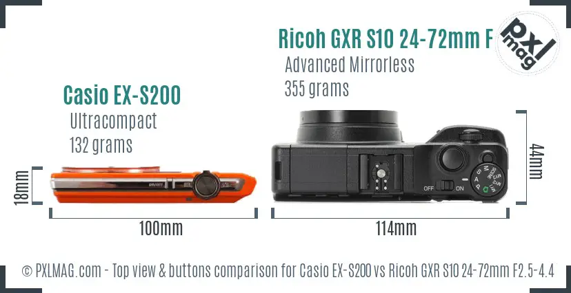 Casio EX-S200 vs Ricoh GXR S10 24-72mm F2.5-4.4 VC top view buttons comparison