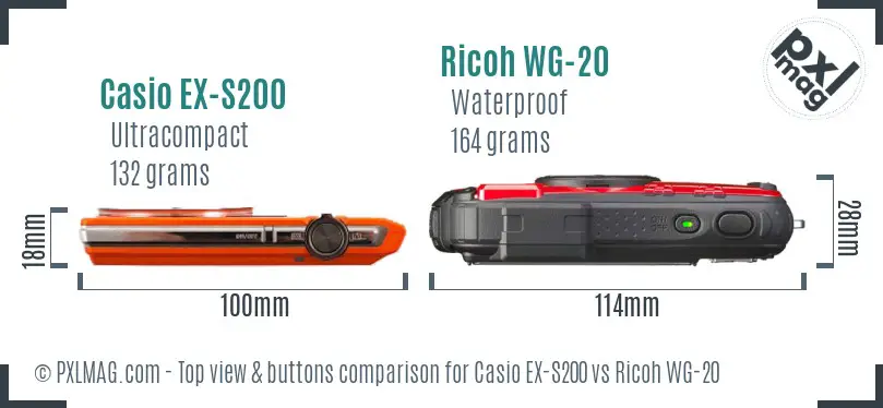 Casio EX-S200 vs Ricoh WG-20 top view buttons comparison