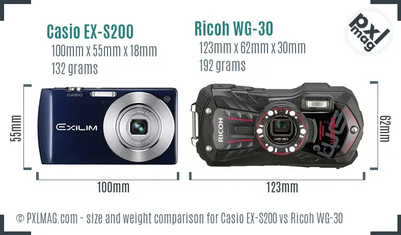 Casio EX-S200 vs Ricoh WG-30 size comparison