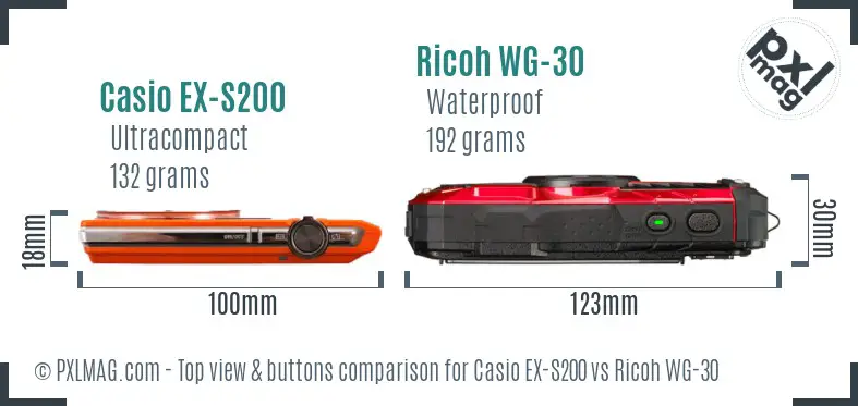 Casio EX-S200 vs Ricoh WG-30 top view buttons comparison