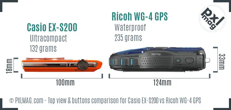 Casio EX-S200 vs Ricoh WG-4 GPS top view buttons comparison