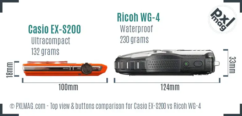 Casio EX-S200 vs Ricoh WG-4 top view buttons comparison Casio EX-S200 vs Ricoh WG-4 top view buttons comparison