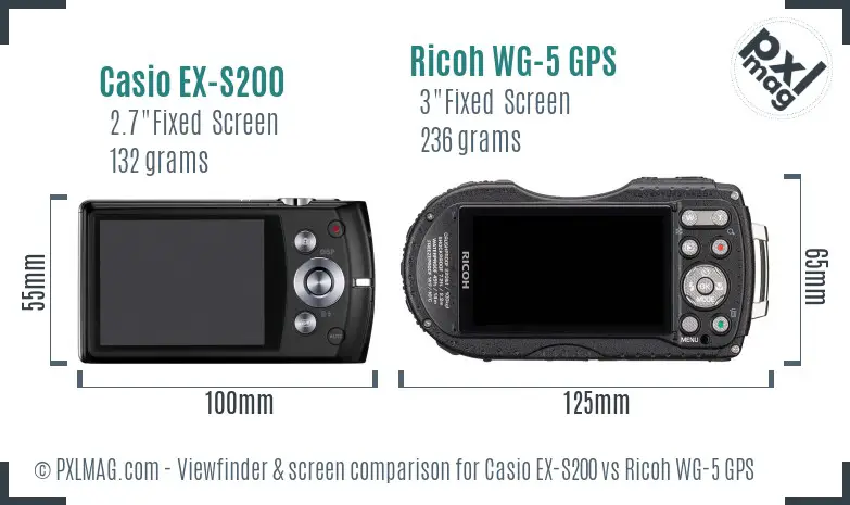 Casio EX-S200 vs Ricoh WG-5 GPS Screen and Viewfinder comparison