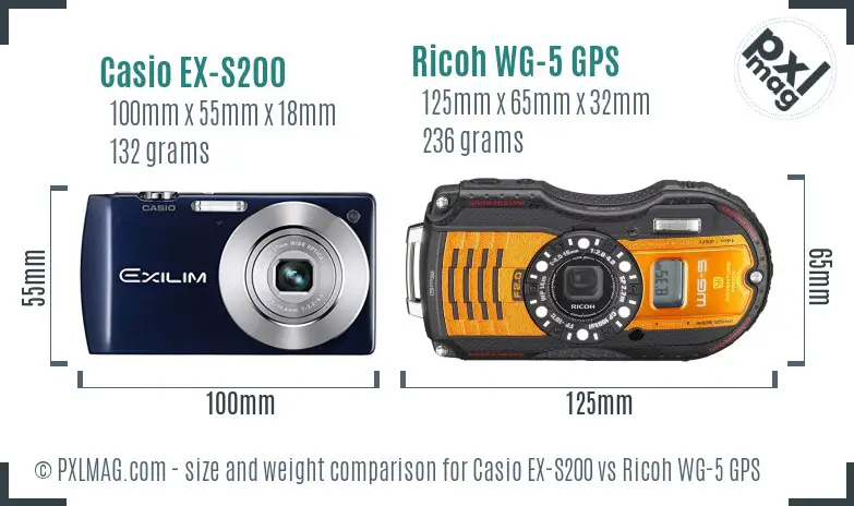 Casio EX-S200 vs Ricoh WG-5 GPS size comparison