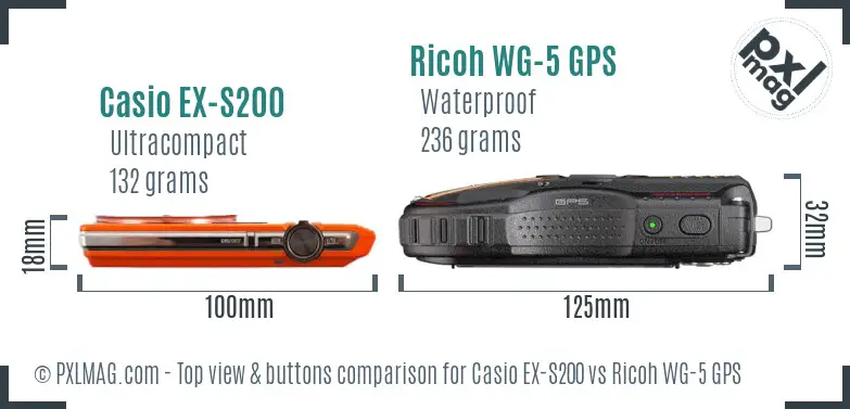 Casio EX-S200 vs Ricoh WG-5 GPS top view buttons comparison