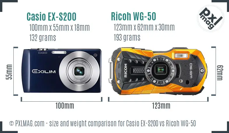 Casio EX-S200 vs Ricoh WG-50 size comparison
