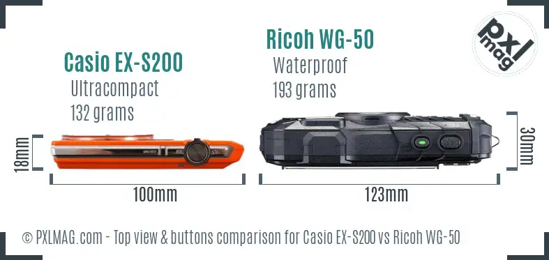Casio EX-S200 vs Ricoh WG-50 top view buttons comparison
