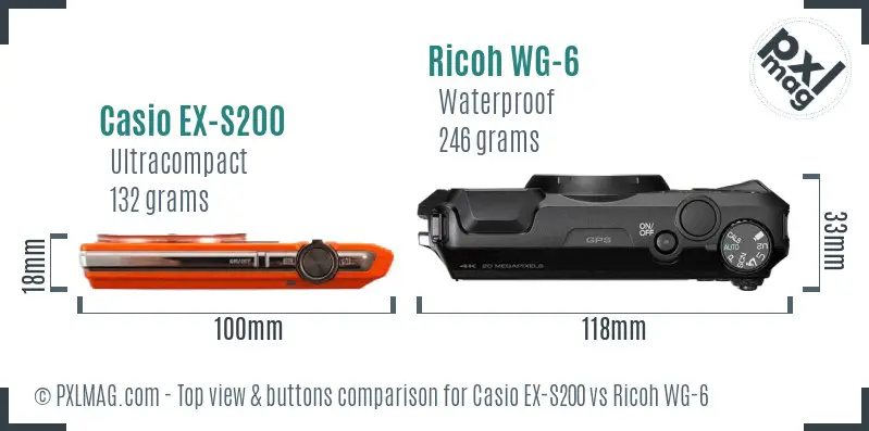 Casio EX-S200 vs Ricoh WG-6 top view buttons comparison