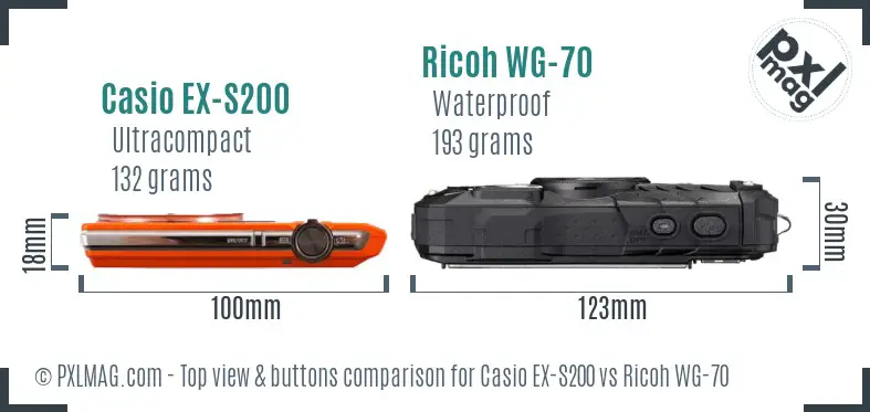 Casio EX-S200 vs Ricoh WG-70 top view buttons comparison