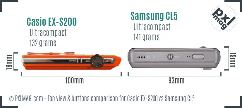 Casio EX-S200 vs Samsung CL5 top view buttons comparison